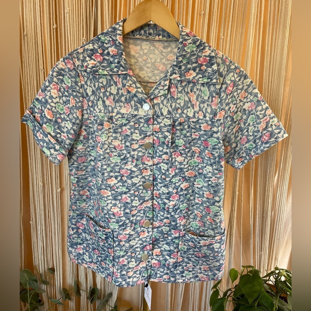 1970s handmade short sleeve floral smock top patch pockets pastels Large (L)